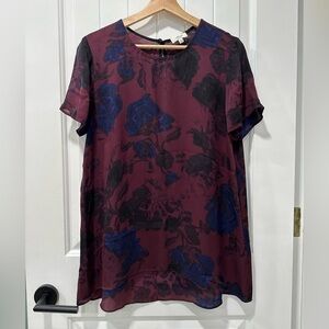 Aritzia Wilfred 100% Silk Floral Tunic in Burgundy and Blue